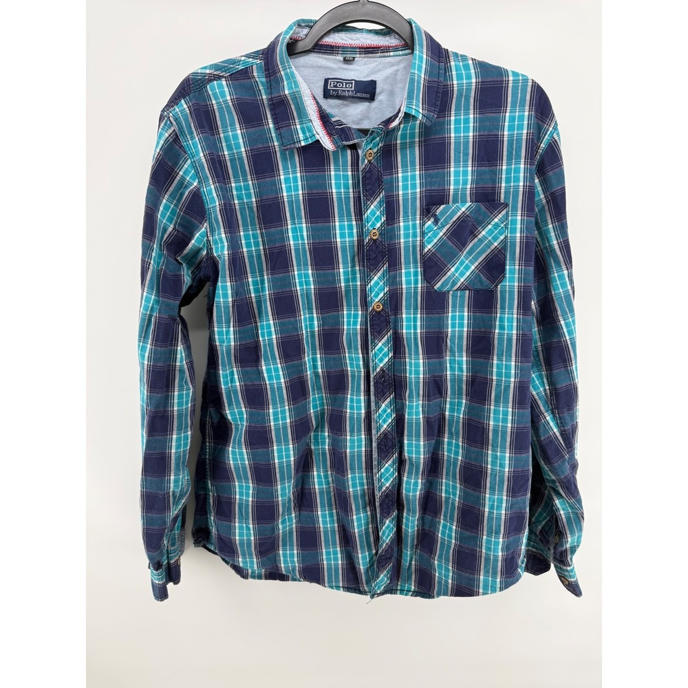 Polo Ralph Lauren Mens XXXL Teal Navy Blue Plaid Cotton Button Down Shirt